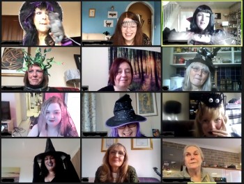 Screenshot of Session attendees on Zoom dressed up for Halloween