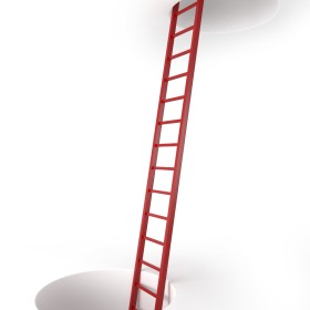Long ladder standing in a hole and disappearing through a hole above it
