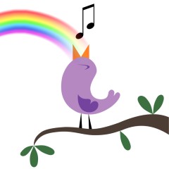 Drawing of a bird sitting singing on a branch with a rainbow in the background